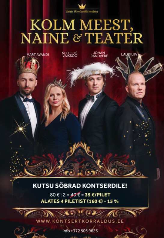 Nele-Liis Vaiksoo, Märt Avandi, Lauri Liiv, Johan Randvere ''Kolm meest, naine ja teater'' (16.04 asendus)